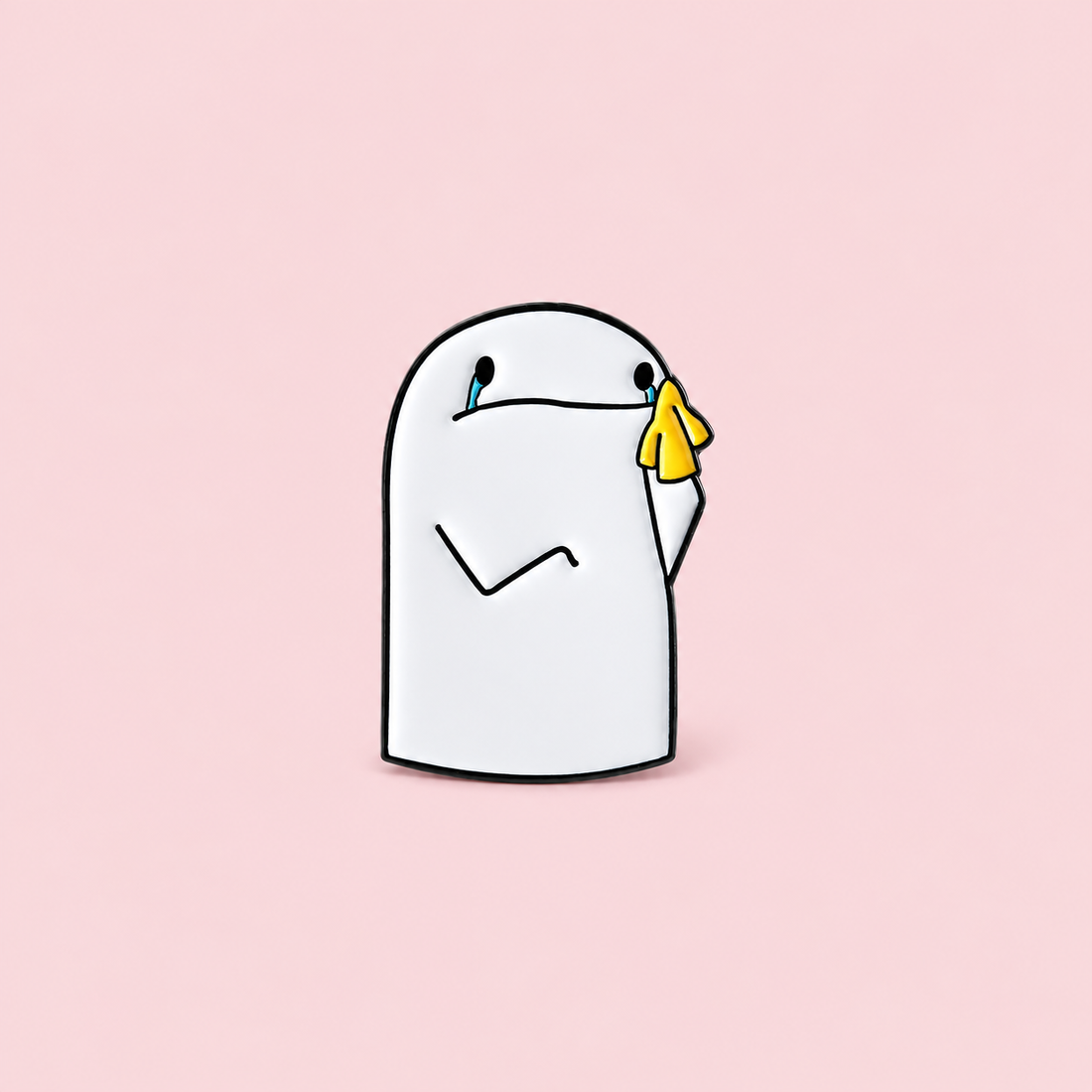 A white doodle character wipes away blue tears with a bright yellow tissue, turning an everyday mood into a wearable detail on a pale pink background.