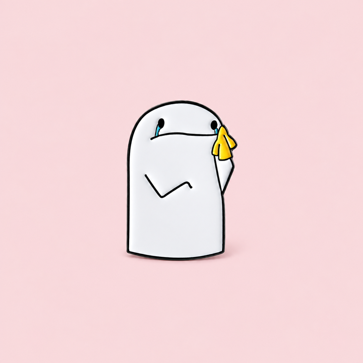 A white doodle character wipes away blue tears with a bright yellow tissue, turning an everyday mood into a wearable detail on a pale pink background.