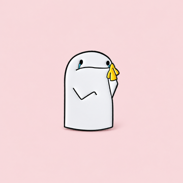 A white doodle character wipes away blue tears with a bright yellow tissue, turning an everyday mood into a wearable detail on a pale pink background.