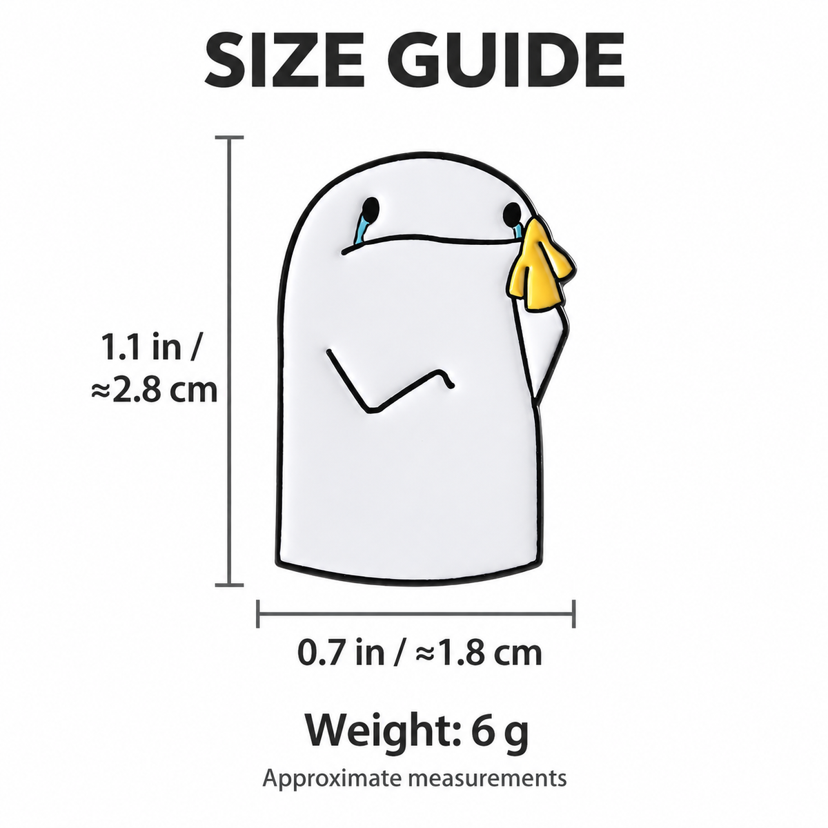 Size guide for Crying Character with Yellow Tissue Pin: 0.7 inches wide by 1.1 inches high, approximately 6 grams.
