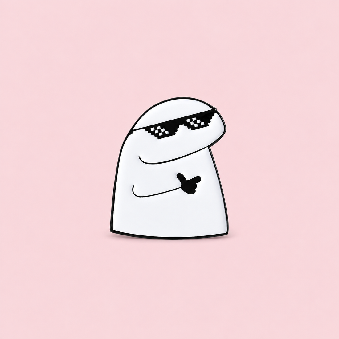 Black pixel-style sunglasses and a playful hand gesture give this smiling white character a laid-back, cheeky look on a pale pink background.