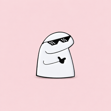 Black pixel-style sunglasses and a playful hand gesture give this smiling white character a laid-back, cheeky look on a pale pink background.