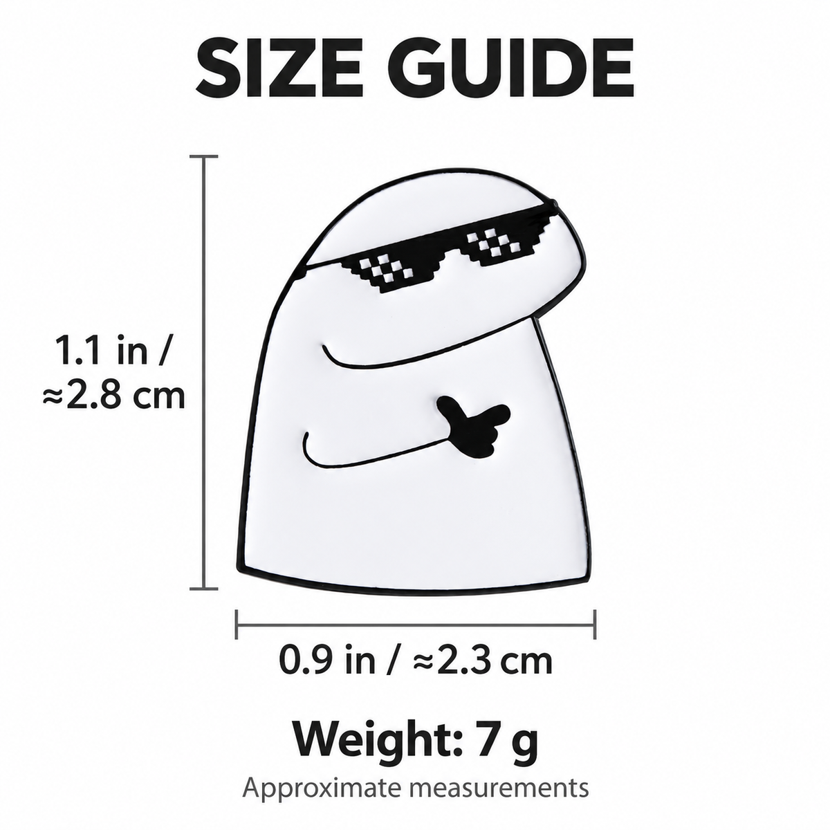 Size guide for Pixel Sunglasses Character Pin: 0.9 inches wide by 1.1 inches high, approximately 7 grams.