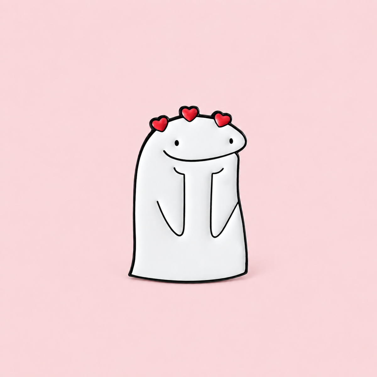 Three red hearts sit above a smiling white character with hands tucked under its chin. A sweet little way to show affection on a pale pink background.