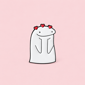Three red hearts sit above a smiling white character with hands tucked under its chin. A sweet little way to show affection on a pale pink background.