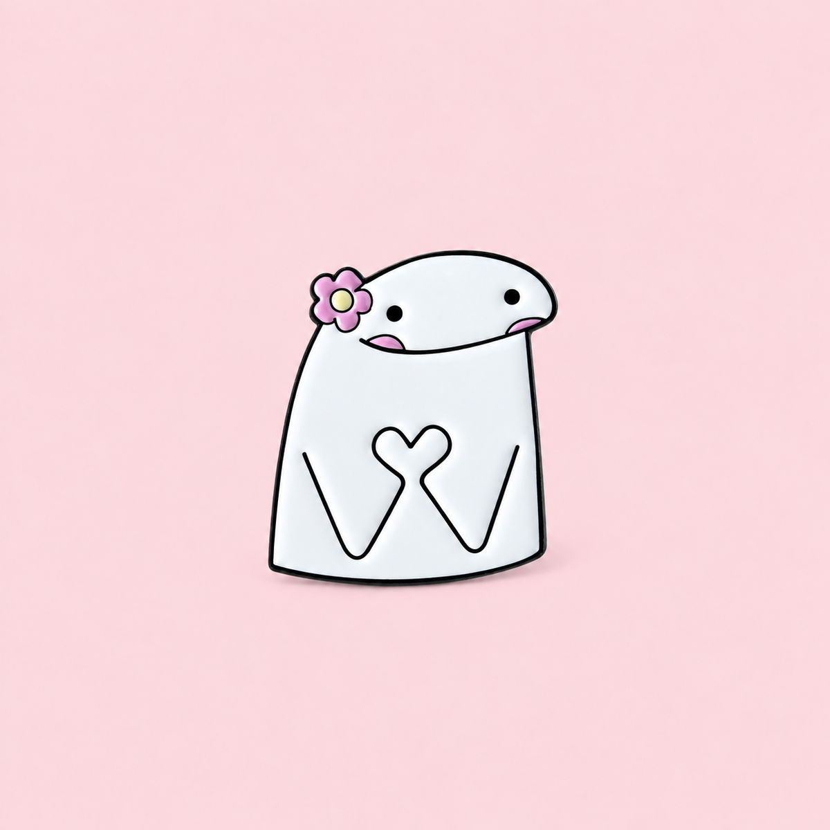 A pink flower, rosy cheeks and heart-shaped hands make this white doodle character an easy way to wear a softer mood on a pale pink background.
