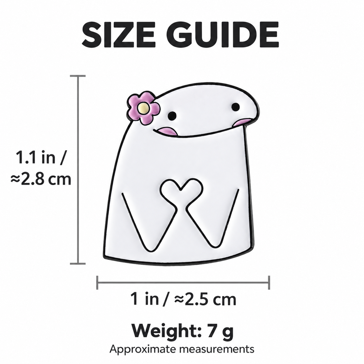 Size guide for Flower and Heart Hands Character Pin: 1 inches wide by 1.1 inches high, approximately 7 grams.
