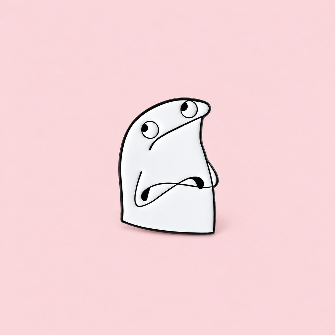 A white doodle character with upward-looking eyes and crossed arms captures a quietly unimpressed mood on a pale pink background.