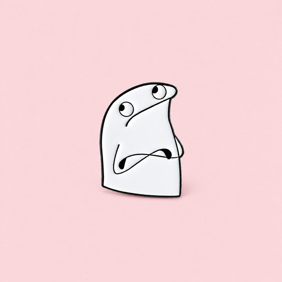 A white doodle character with upward-looking eyes and crossed arms captures a quietly unimpressed mood on a pale pink background.