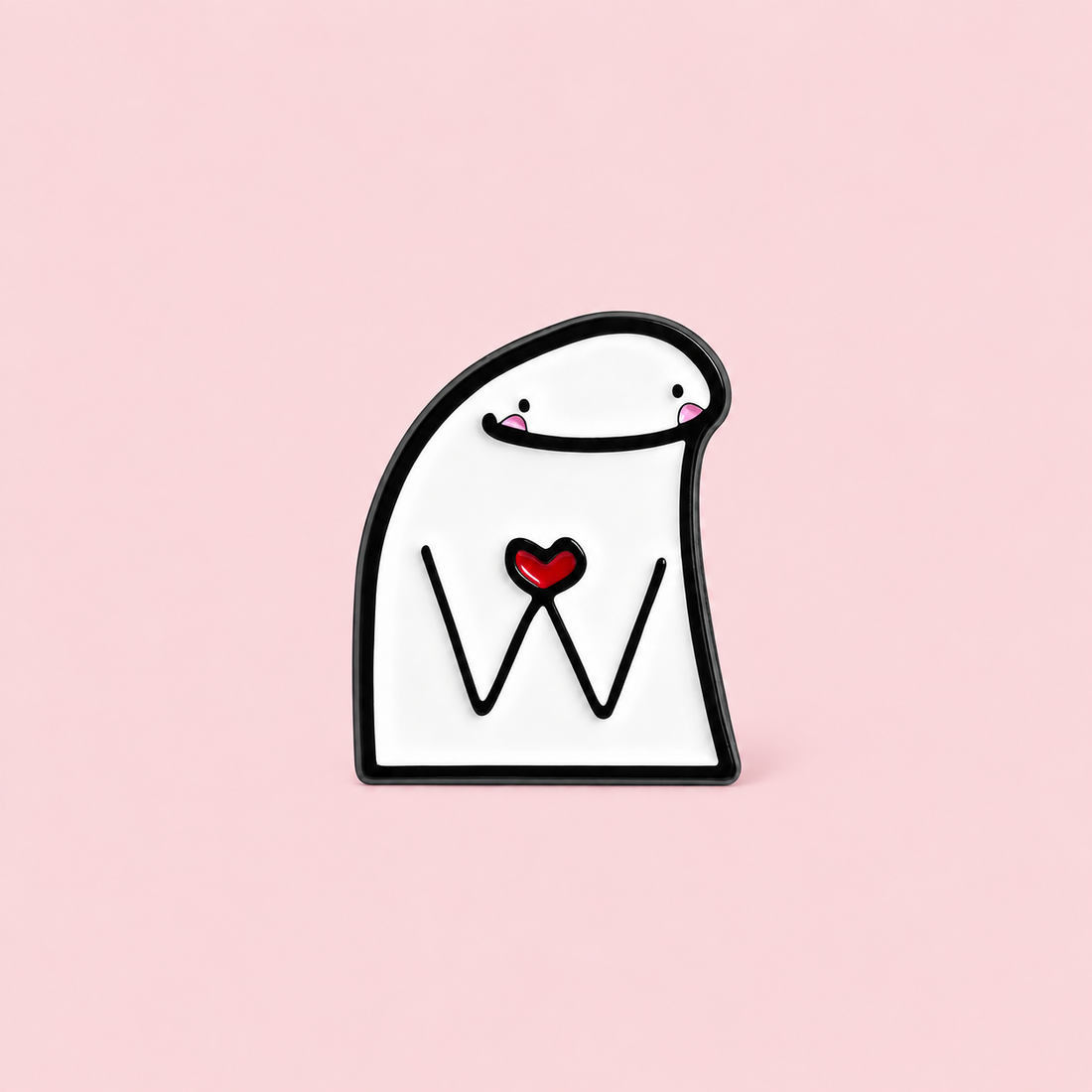 A blushing white character holds a red heart between its hands. Add it to your everyday bag or give it to someone who makes you smile on a pale pink background.