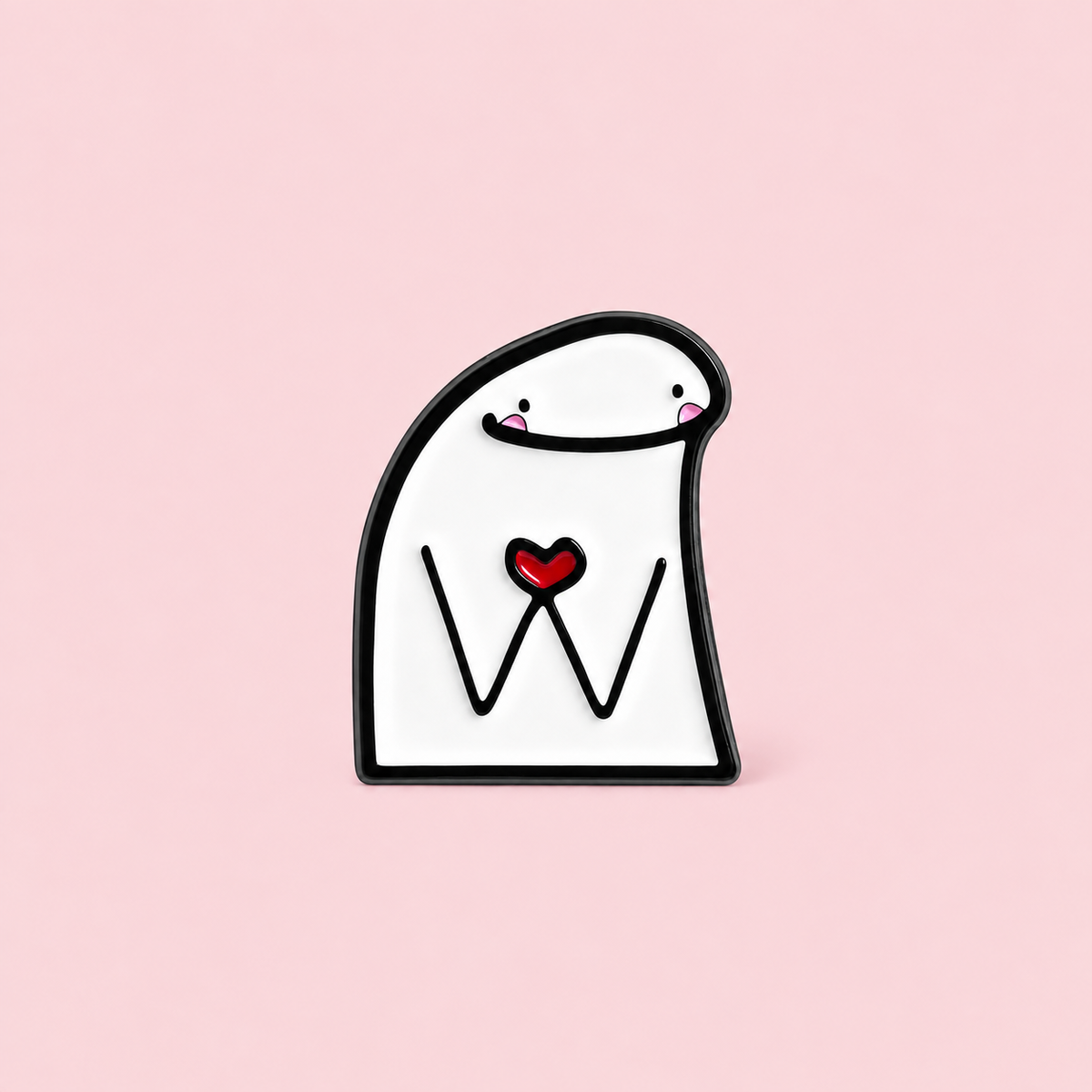 A blushing white character holds a red heart between its hands. Add it to your everyday bag or give it to someone who makes you smile on a pale pink background.