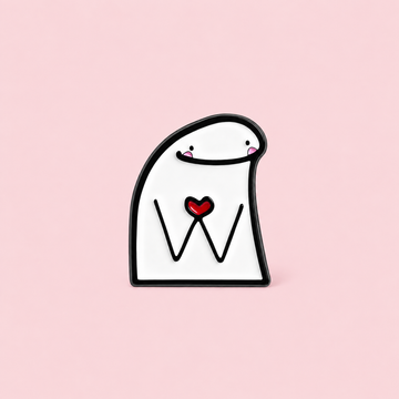 A blushing white character holds a red heart between its hands. Add it to your everyday bag or give it to someone who makes you smile on a pale pink background.
