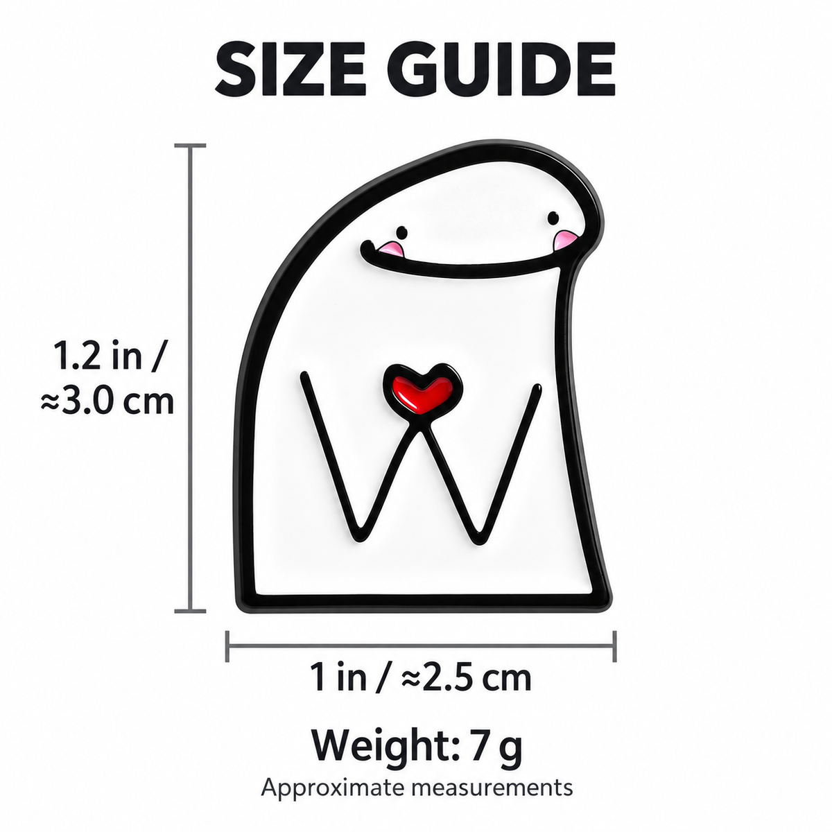 Size guide for Smiling Character Holding Red Heart Pin: 1 inches wide by 1.2 inches high, approximately 7 grams.