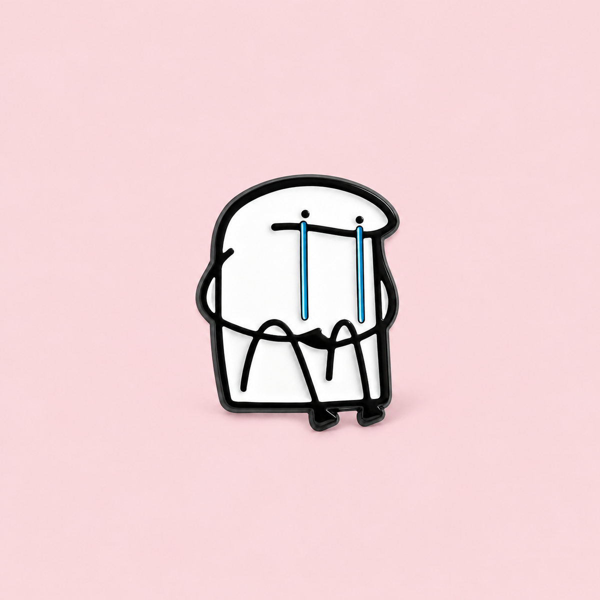 A seated white doodle character lets two long blue tears do the talking. A playful, relatable addition to a jacket, tote or backpack on a pale pink background.