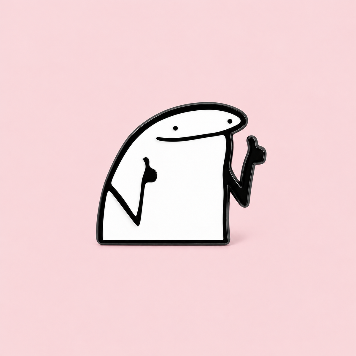 A smiling white doodle character raises both hands in a cheeky gesture. Wear it when a little visual attitude says more than a long explanation on a pale pink background.