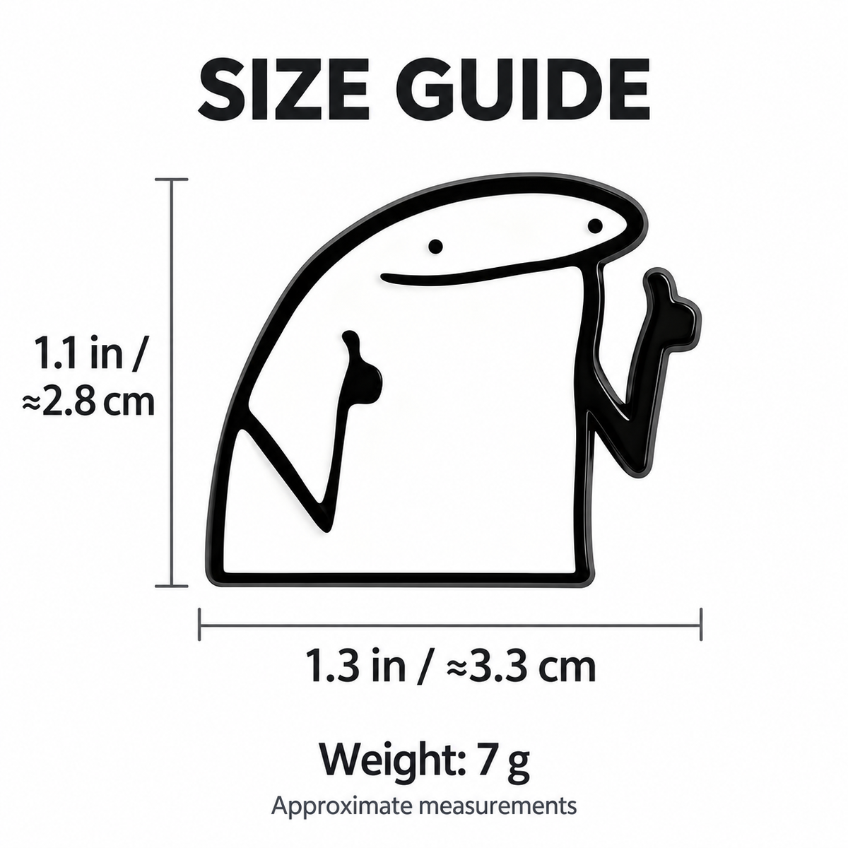 Size guide for Cheeky Double Gesture Character Pin: 1.3 inches wide by 1.1 inches high, approximately 7 grams.