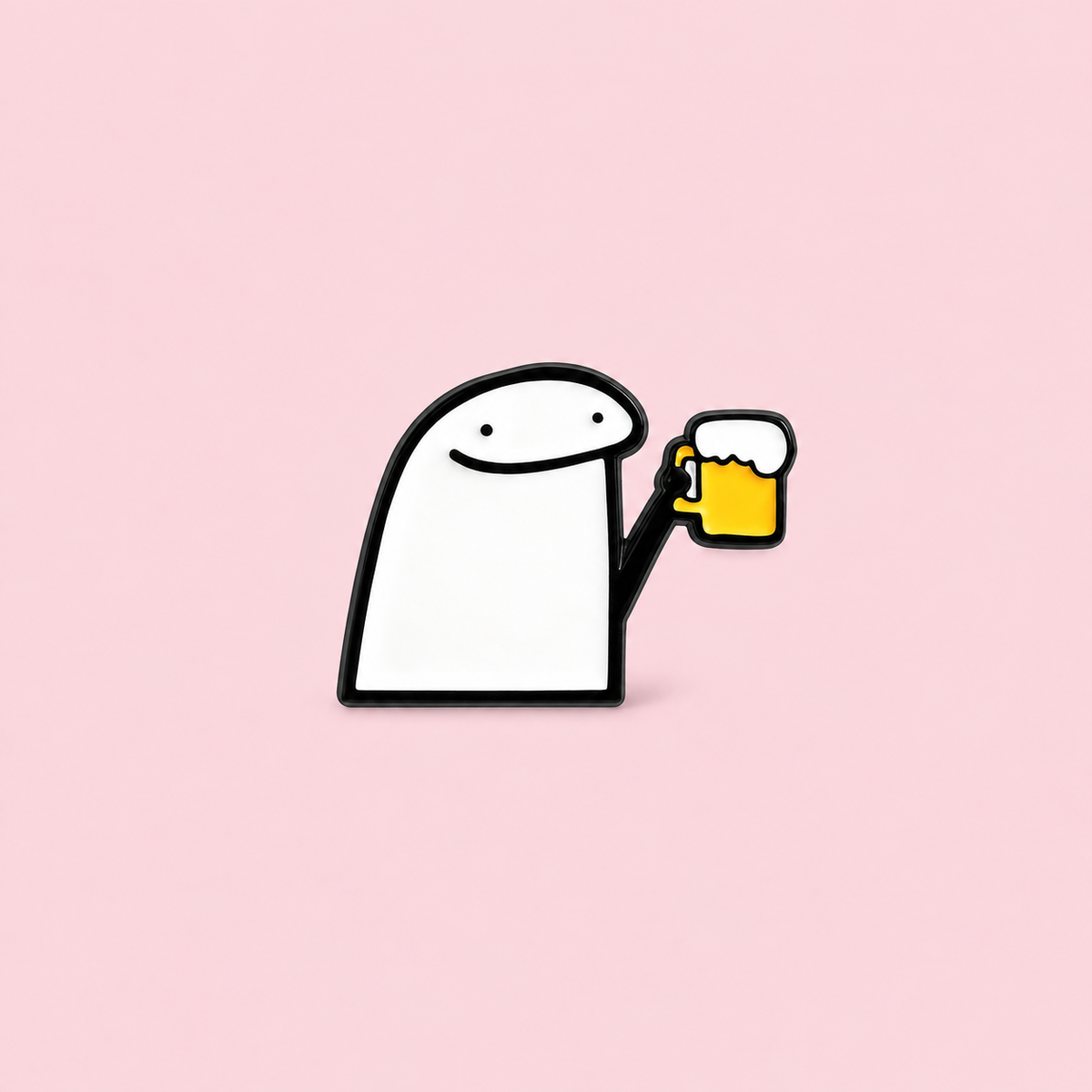 A smiling white character raises a golden-yellow beer mug with white foam. Pin on a small reminder to celebrate the everyday on a pale pink background.