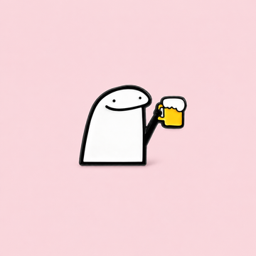 A smiling white character raises a golden-yellow beer mug with white foam. Pin on a small reminder to celebrate the everyday on a pale pink background.