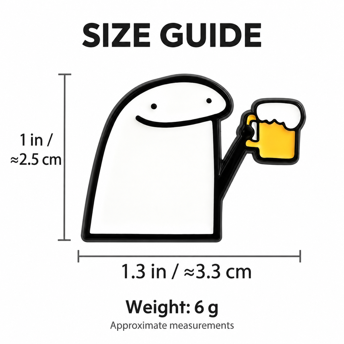 Size guide for Cheers Beer Mug Character Pin: 1.3 inches wide by 1 inches high, approximately 6 grams.