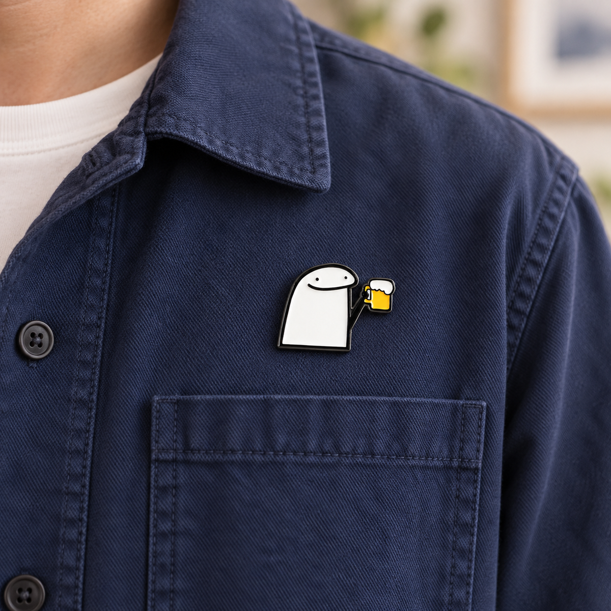 AI-styled wearing view of Cheers Beer Mug Character Pin on navy cotton casual overshirt being worn by an adult