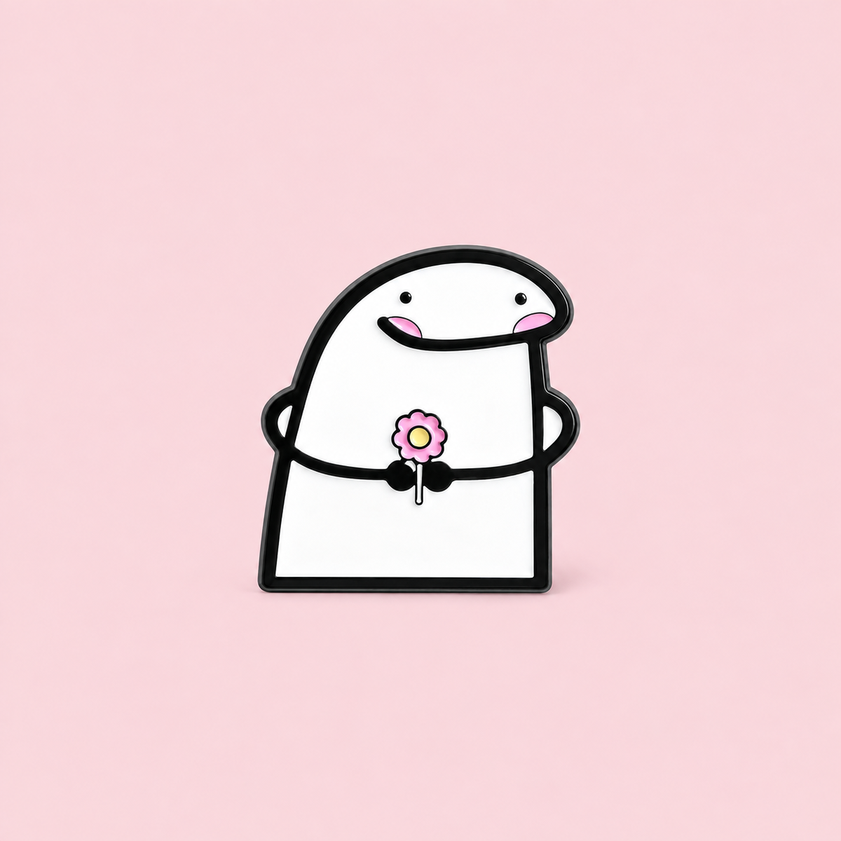 A smiling white character holds a pink flower with a yellow center. Rosy cheeks add a warm, friendly touch to this simple design on a pale pink background.