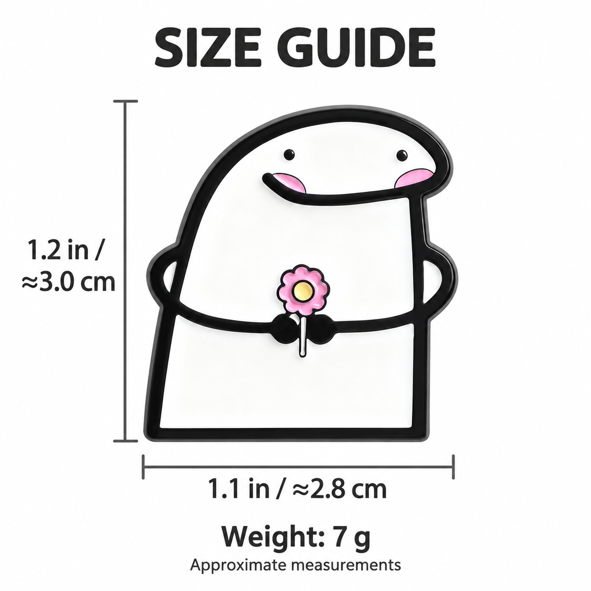 Size guide for Smiling Character Holding Flower Pin: 1.1 inches wide by 1.2 inches high, approximately 7 grams.