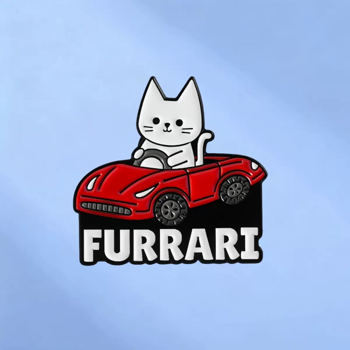 White cat driving a red sports car above FURRARI lettering, enamel pin on a blue background