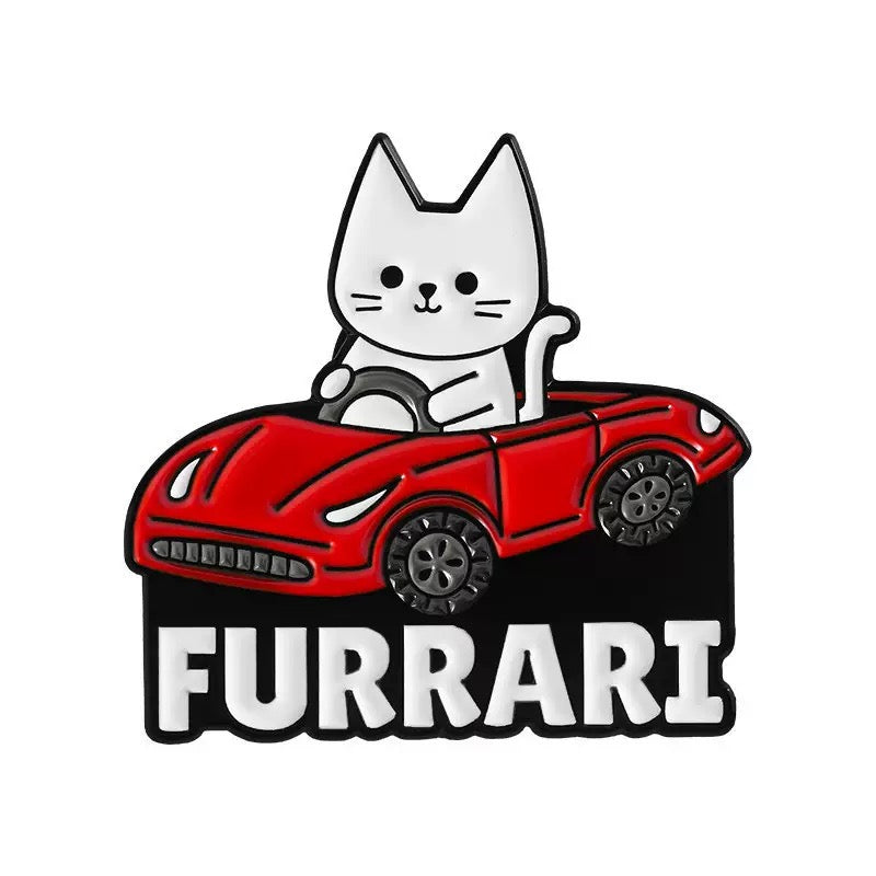 Furrari Cat in Red Sports Car Enamel Pin product front view