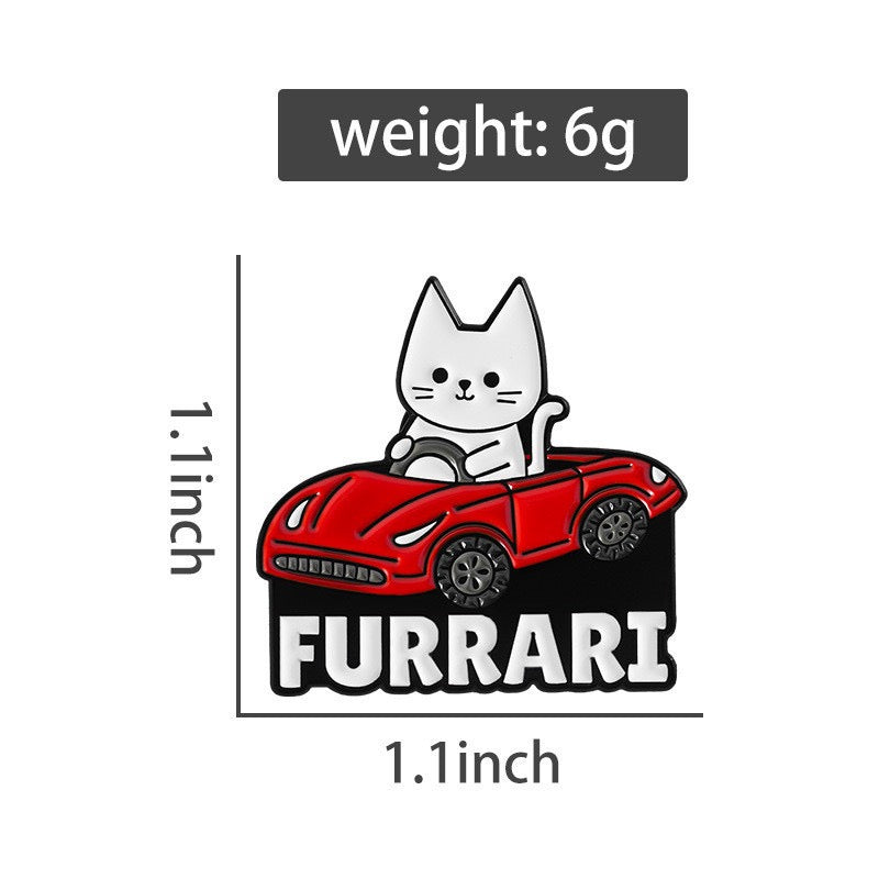 Furrari Cat in Red Sports Car Enamel Pin size guide: 1.1 in wide × 1.1 in high (approximately 2.8 × 2.8 cm), approximately 6 g
