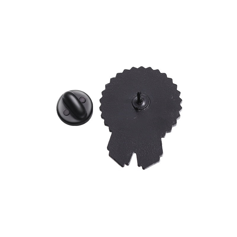 Black back of rosette enamel pin with a single post and black clasp