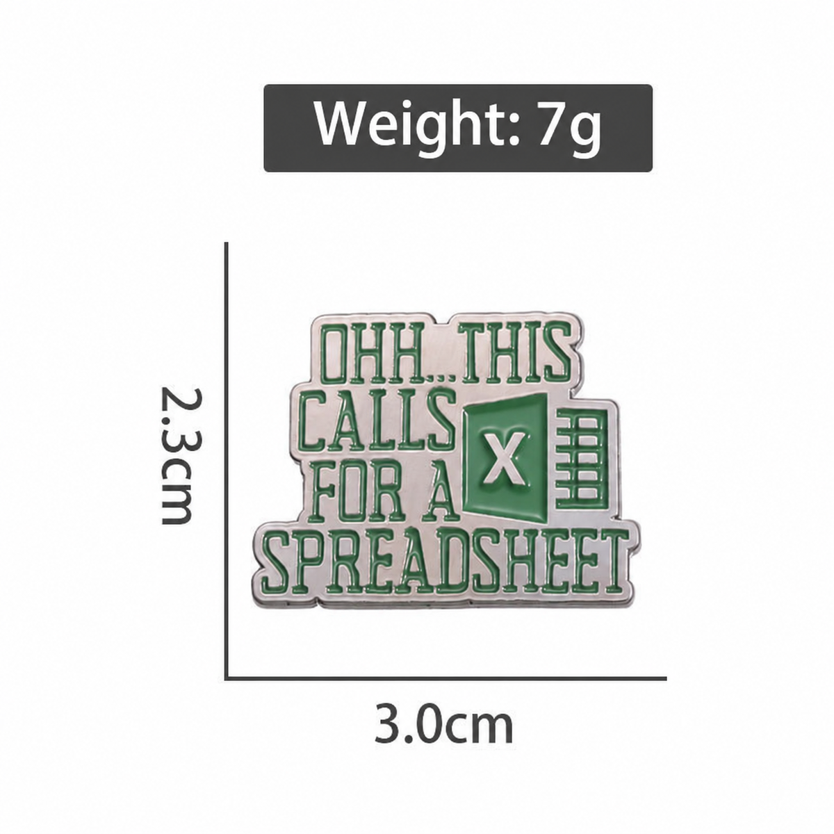 Spreadsheet enamel pin size: 3.0 cm wide, 2.3 cm high; weight: 7 g